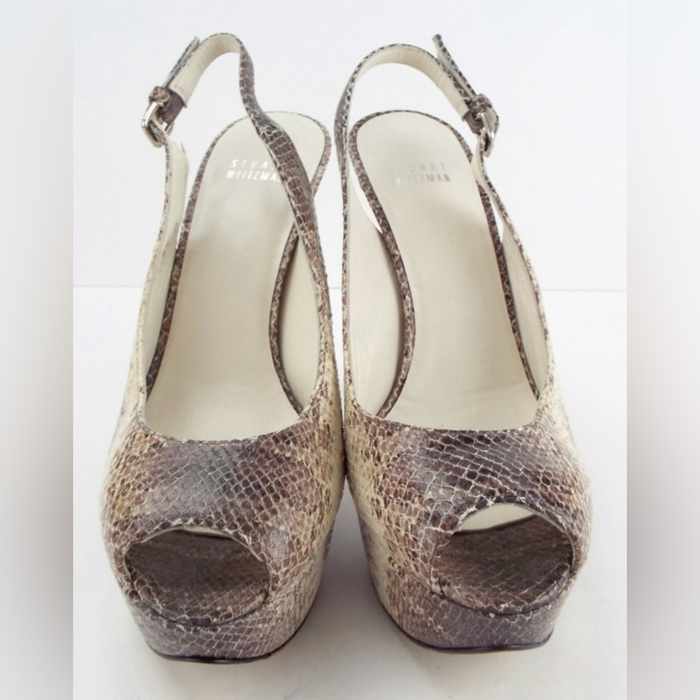 🔥STUART WEITZMAN Grey Snake Platform Sling Back Open Toe Vevey Heels Pumps 8US